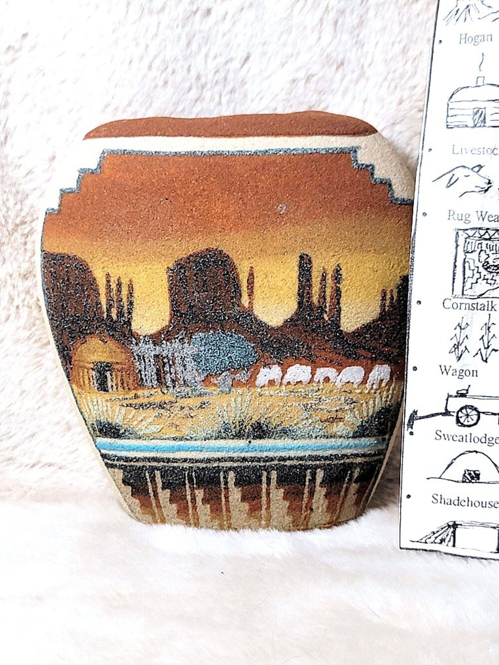 Signed Junior Whiterock Navajo Diné Sand Art Vase Desert Scene Eagle Horses - #D
